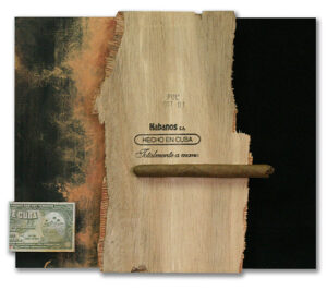 Materialbild aus einem Zusammenspiel aus Teilen einer alten cubanischen Zigarrenschachtel, weichem, dunkelbraunem Wild-Leder, einer teilweisen Schachtel-Bandarole und einer echten Zigarre.